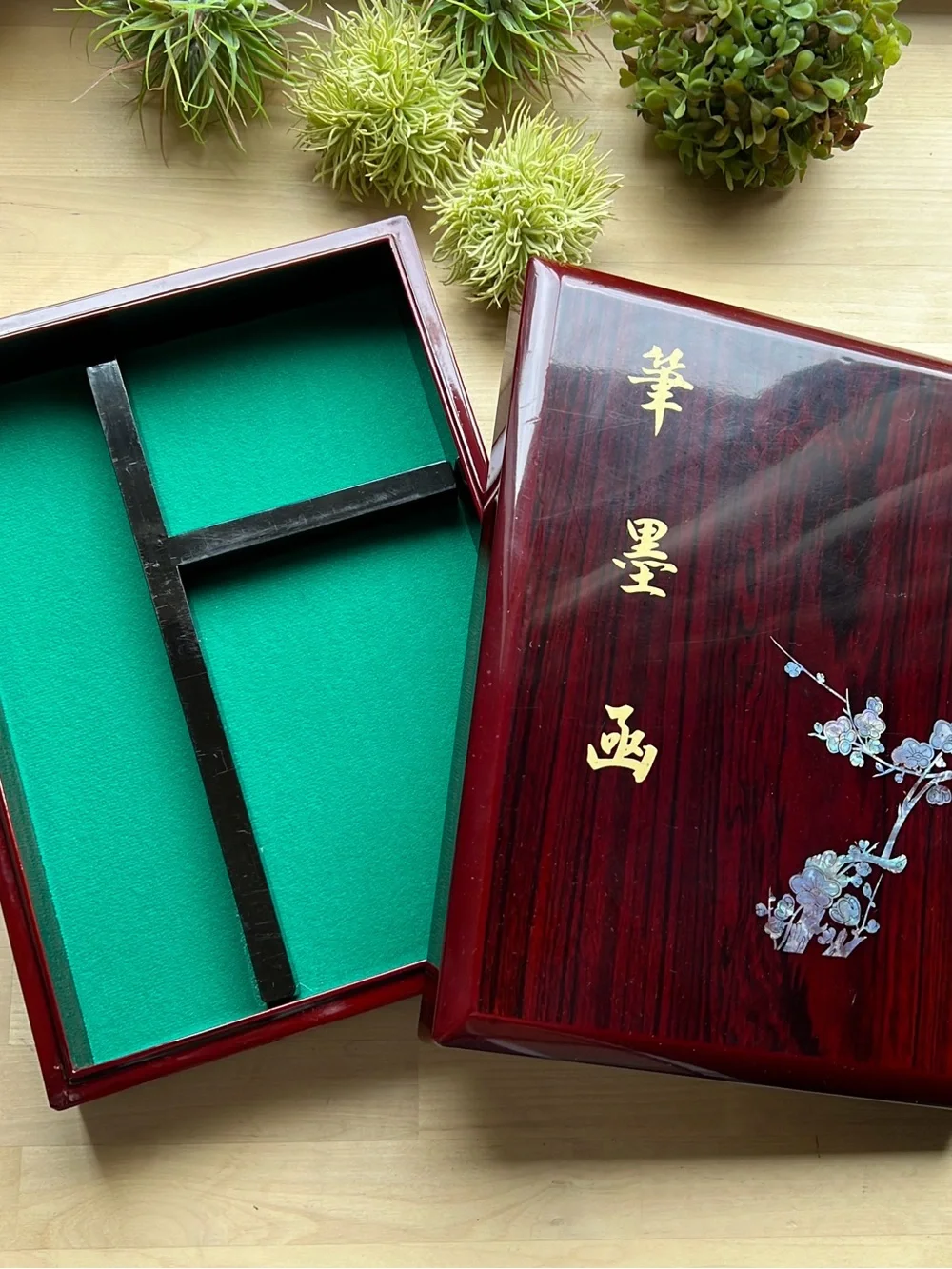 Calligraphy Mother of Pearl Floral Texture Pattern Wooden Box Container Case